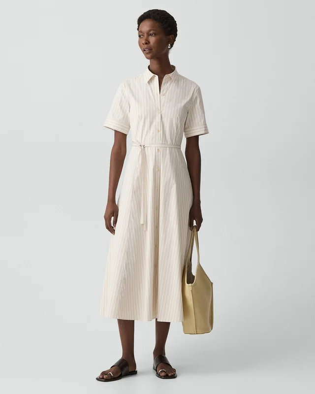 Theory Belted Shirt Dress in Striped Cotton-Blend, photo 3 of 6 from Theory