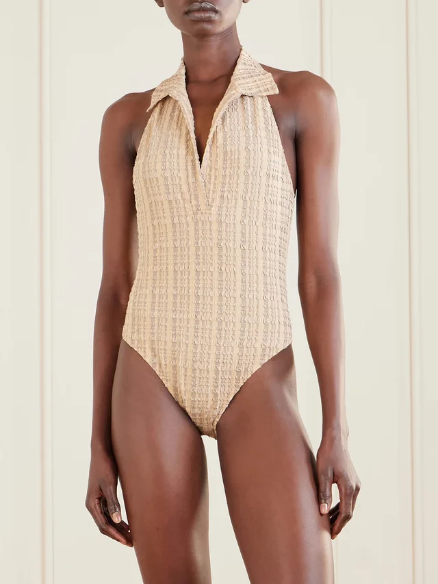 LISA MARIE FERNANDEZ Checked seersucker halterneck swimsuit in Beige, photo 2 of 2 from NET-A-PORTER (Canada)