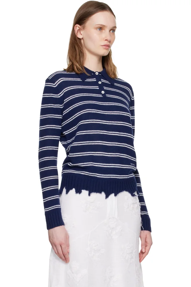 SHUSHU/TONG Navy & White Striped Long-Sleeve Knit Polo, photo 2 of 4 from SSENSE