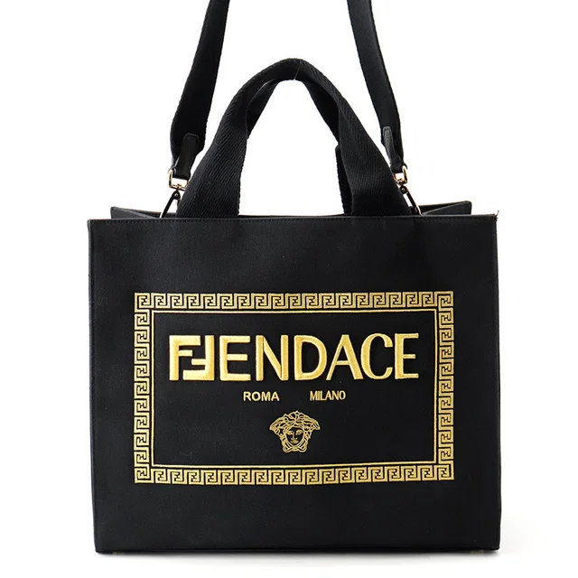 Fendi Fendace Embroidery 2-way Tote Black/Gold8BH395AJIAF0FQV Canvas in Black Canvas from GALLERY RARE