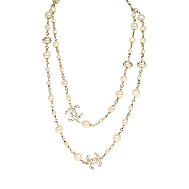 Chanel Long Crystal CC and Pearl Necklace Faux Pearls Gold Tone Hardware from Madison Avenue Couture