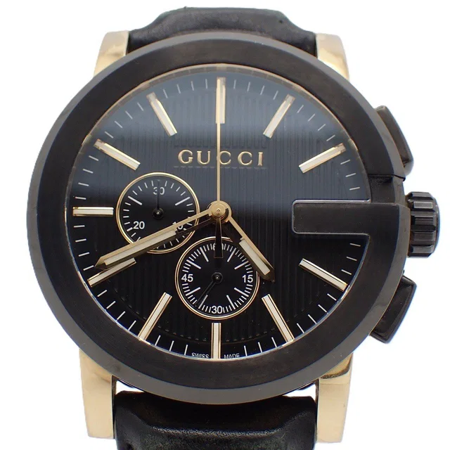 Gucci 101.2 Chronograph Quartz Watch Gold Black Dial Leather Strap Pawn in Black Leather from The Reluxe