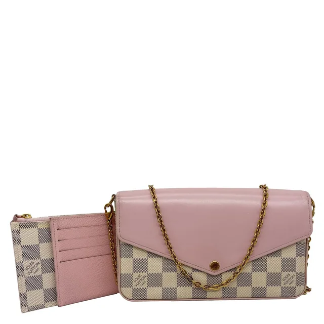 Louis Vuitton Felicie Pochette Damier Azur Crossbody Bag Rose Ballerine in Pink Canvas from Dallas Designer Handbags