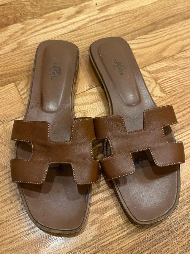 Hermès Brown Leather Oran Slide Sandals in red|brown Leather from Poshmark