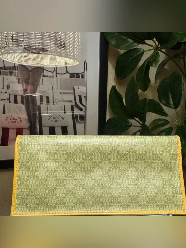 Celine Vintage Macadam Triomphe Long Wallet Green & Mustard Leather Made In Ital in brown|green|red Leather from Poshmark