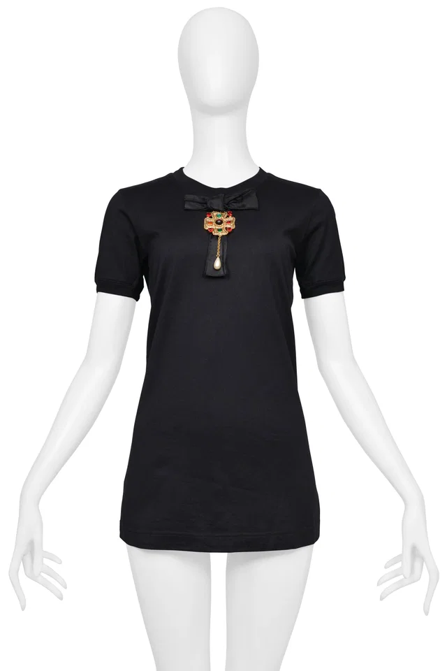 Dolce & Gabbana Black T-shirt With Attached Satin Bow And Chanel-style Bijoux Cross in Black Satin from Resurrection Vintage