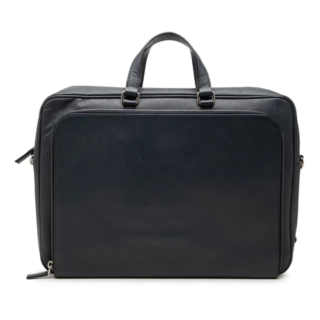 Black Prada Saffiano Cuir Travel Front Zip Pocket Briefcase Business Bag in Black Saffiano leather from Designer Revival