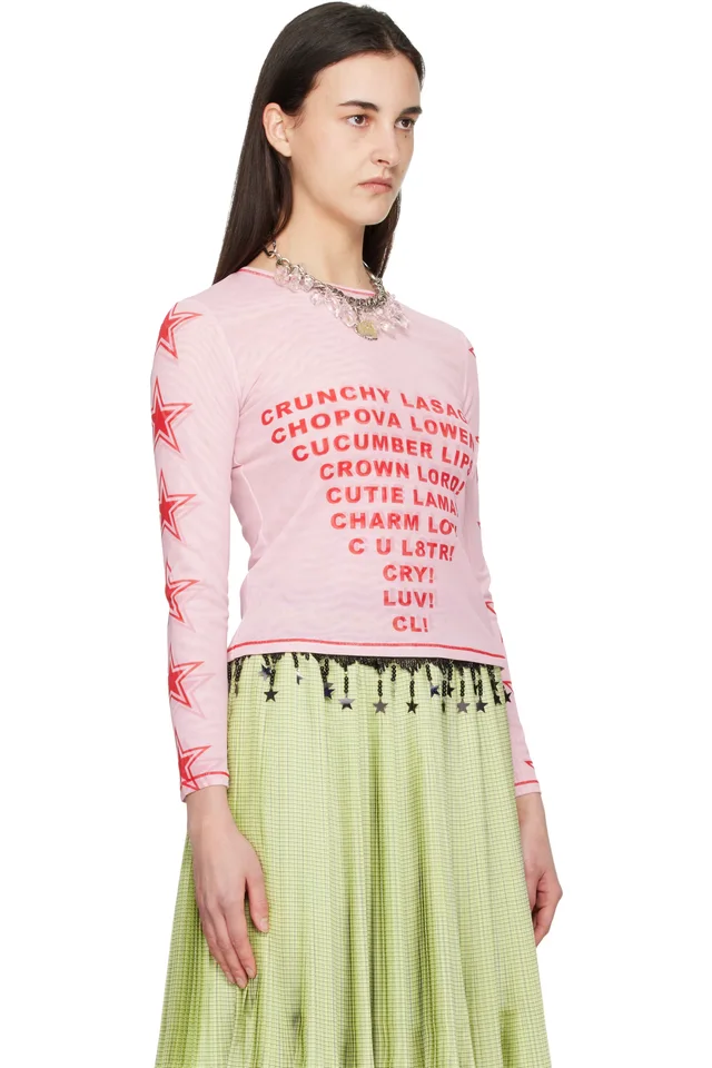 Chopova Lowena Pink 'Crunchy Lasagna' Fitted Mesh Top, photo 2 of 2 from SSENSE