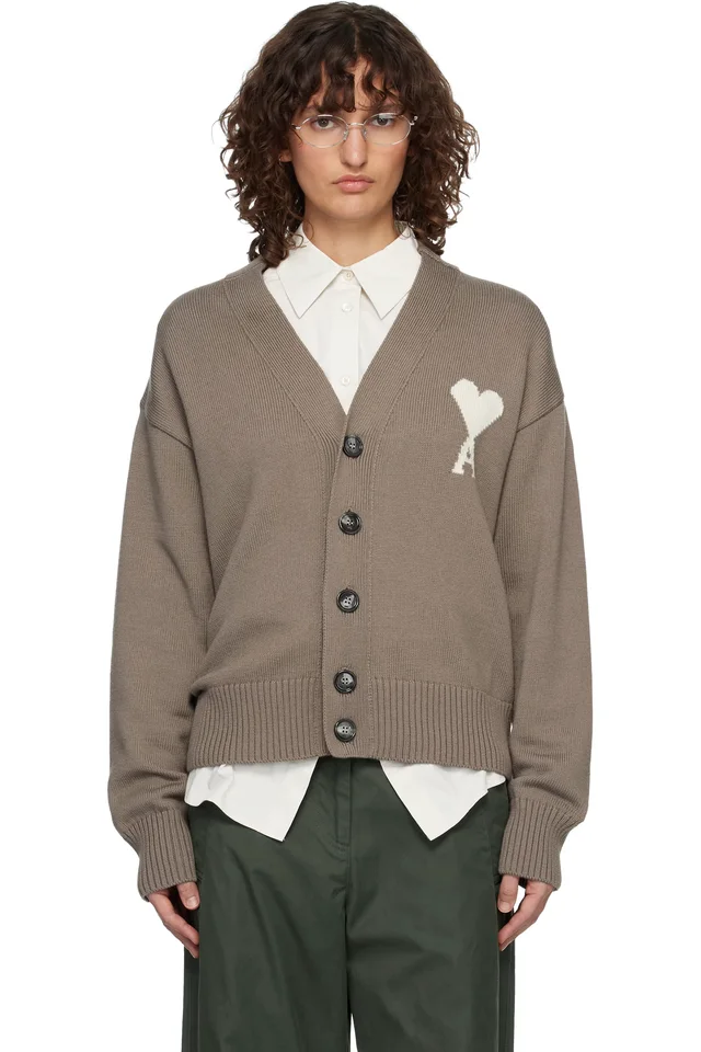 AMI Paris Taupe Wool Ami de Coeur Cardigan, image 1 of 1 from SSENSE