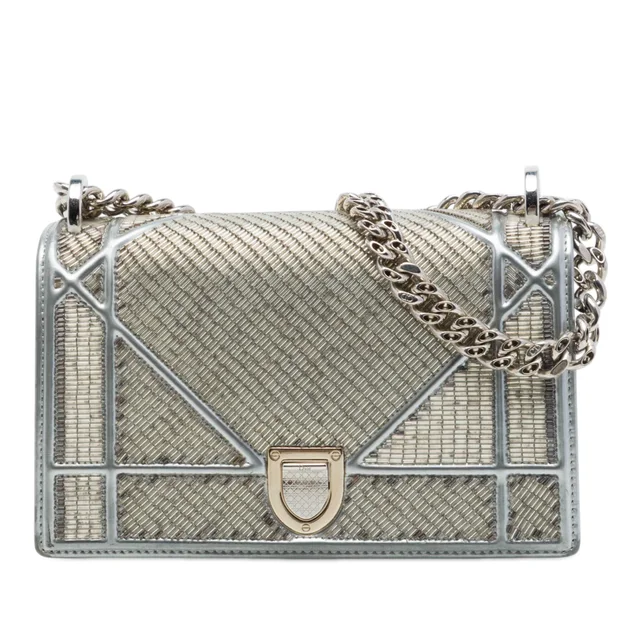 Silver Dior Small Calfskin Diorama Crystal Embellished Flap Crossbody Bag in Silver Calfskin from Designer Revival