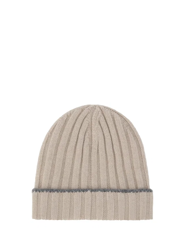 Brunello Cucinelli M2240900 Cashmere Ribbed-Knit Beanie — Beige Beanies in Beige Cashmere from HEWI