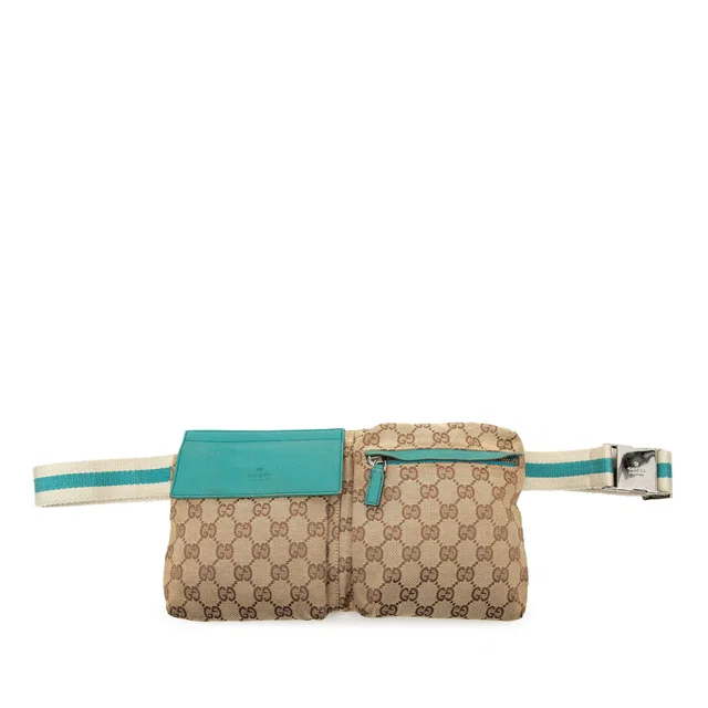 Beige Gucci GG Canvas Web Double Pocket Belt Bag in Beige Canvas from Designer Revival