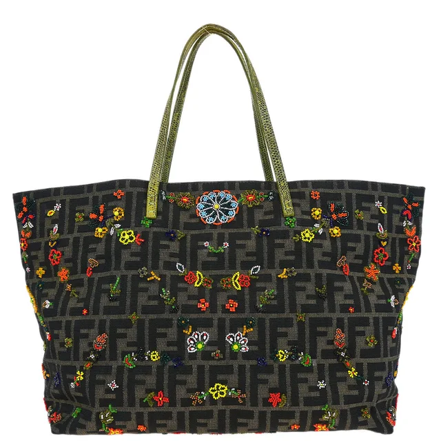 Fendi Brown Beaded Zucca Tote Bag in Brown Lizard from AMORE Vintage Tokyo