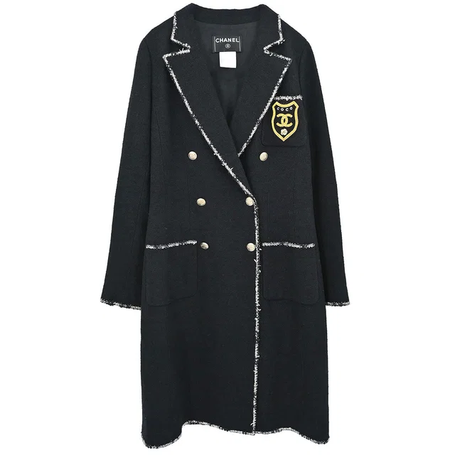 Chanel 2005 Black Emblem Double Breasted Coat #38 in Black Nylon from AMORE Vintage Tokyo