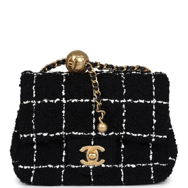 Chanel Mini Pearl Crush Square Flap Bag White, Black Tweed Antique Gold Hardware in Black Tweed from Madison Avenue Couture
