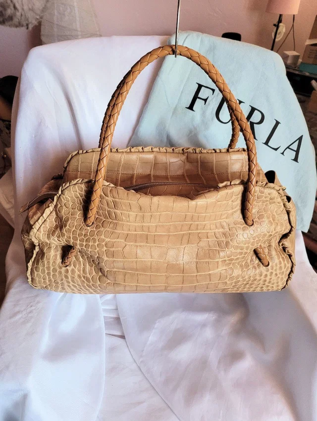 Furla Embossed Leather Tote in brown|gray|neutral|silver Leather from Poshmark