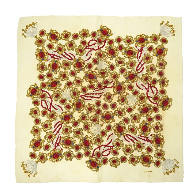 Chanel Vintage Jewelry Pattern Scarf Beige Silk in Beige Silk from Luxury Promise