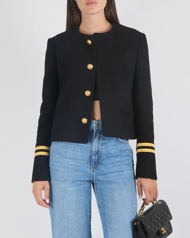Celine Fall 2021 Spencer Cashmere Collarless Button Down Jacket in Black with Gold Buttons and… in Black Cashmere from Sellier