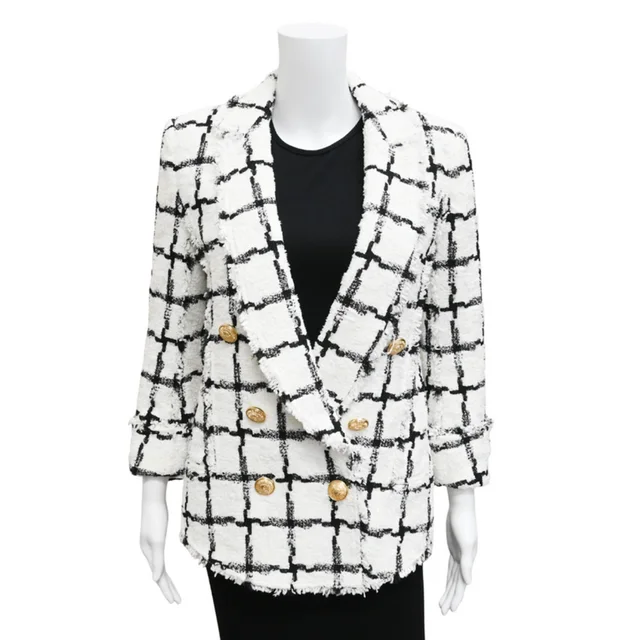 Balmain White & Black Tweed Grid Double-Breasted Jacket in Black Tweed from Clotheshorse Anonymous