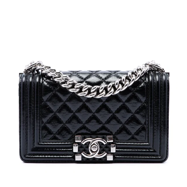 Black Chanel Small Quilted Crinkled Patent Boy Flap Crossbody Bag in Black Patent leather from Designer Revival