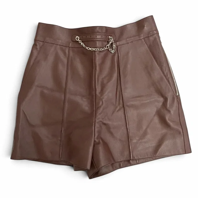 Hermès Silver with Chain Side Zip Lambskin Shorts Dark Brown 36 in Brown Lambskin from The Reluxe