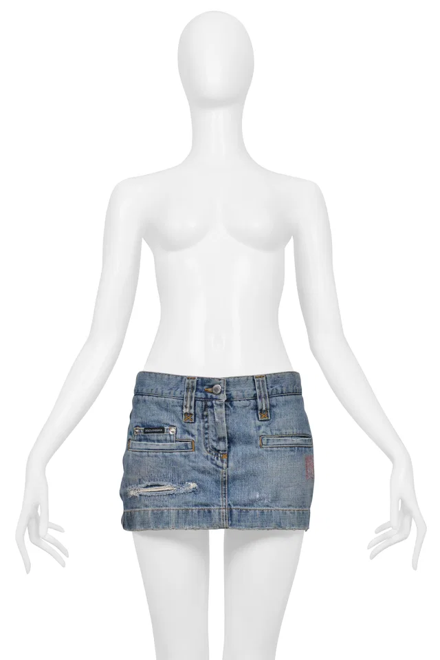 Dolce & Gabbana Distressed Blue Denim Super-mini Skirt With Gold Stitching in Blue Denim from Resurrection Vintage