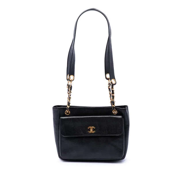 Black Chanel CC Caviar Front Pocket Shoulder Bag in Black Caviar leather from Designer Revival