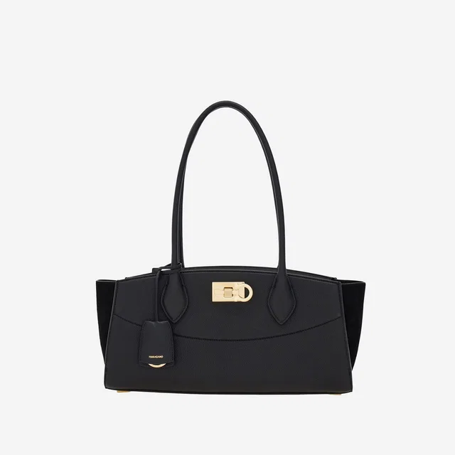 Ferragamo East West Shoulder Bag — Black Embossed Leather And Suede in Black Suede from HEWI