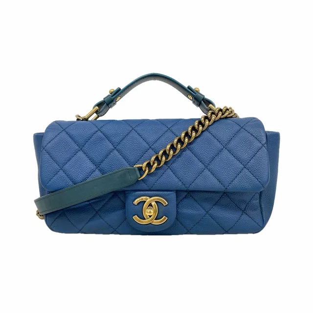Chanel Handbag Quilted Caviar Leather Blue Champagne Gold 2-Way Bag in Blue Caviar leather from The Reluxe