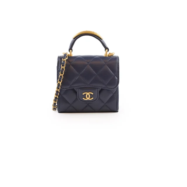 Chanel Micro Navy Top Handle with Chain Bag Microchipped in Navy Lambskin from The Purse Affair