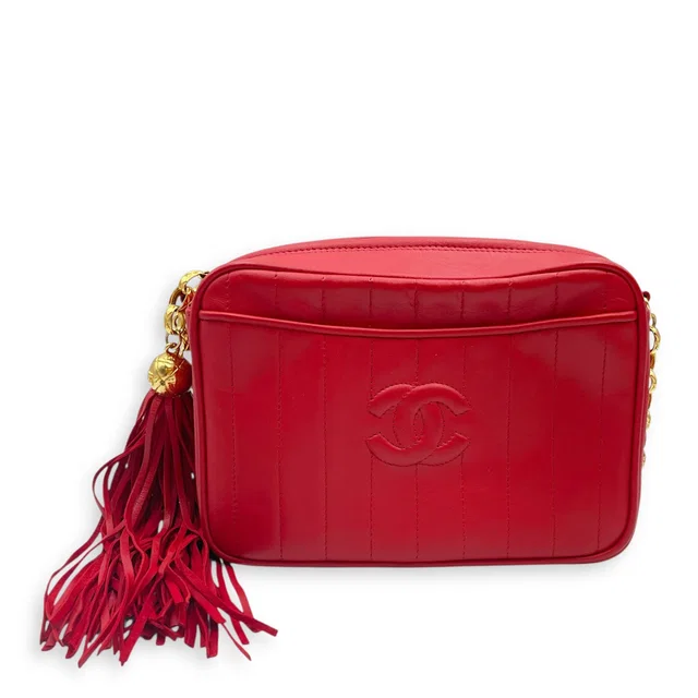 Chanel Vintage Mademoiselle Chain Chilli Red Shoulder Bag in Red Lambskin from LuxLexicon