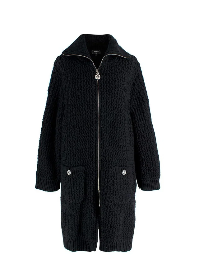 Chanel Black Longline Wool Cardigan with Embellished Button Detail in Black Wool from HEWI