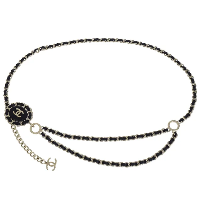 Chanel Chain Belt Medallion Gold Black Small Good in Black Leather from AMORE Vintage Tokyo