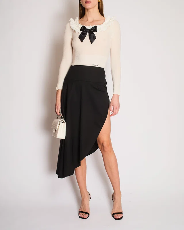 Alaïa Black Asymmetric Wool Midi Skirt Size FR 34 (UK 6) in Black Wool from Sellier