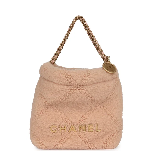 Chanel Mini 22 Bag Light Pink Shearling Gold Hardware in Light Pink Shearling from Madison Avenue Couture