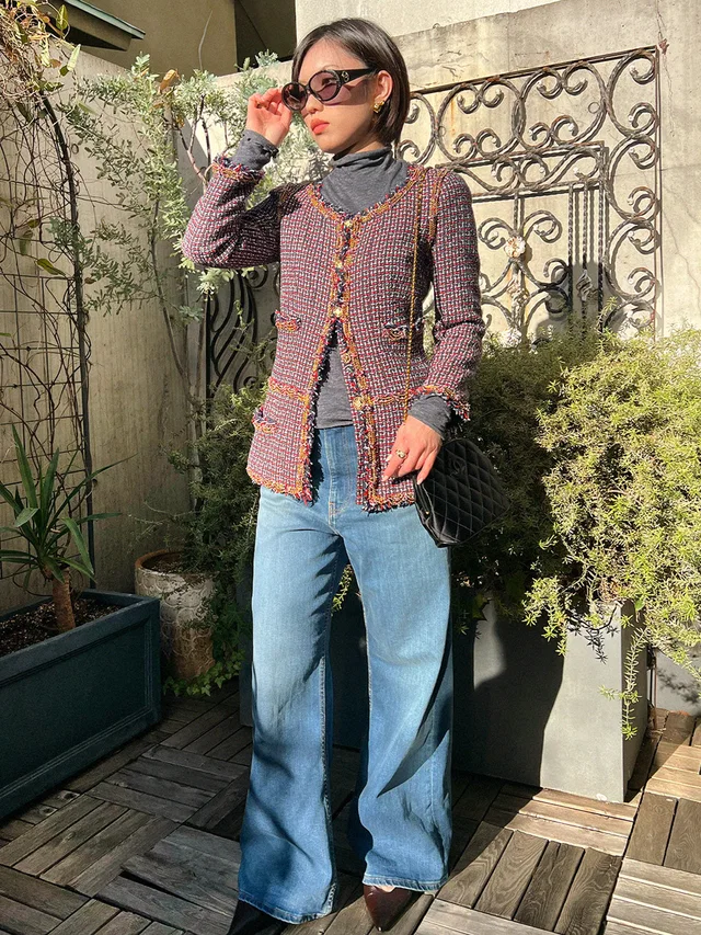 Chanel 2008 Tweed CC Mark Button Jacket #36 Green/Red/Multi in Red Tweed from VINTAGE QOO TOKYO