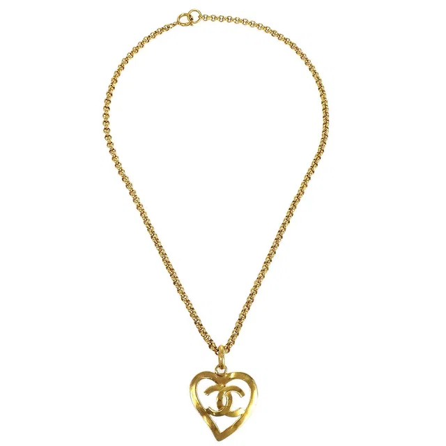 Chanel 1995 Gold CC Heart Cutout Pendant Necklace in Gold from AMORE Vintage Tokyo