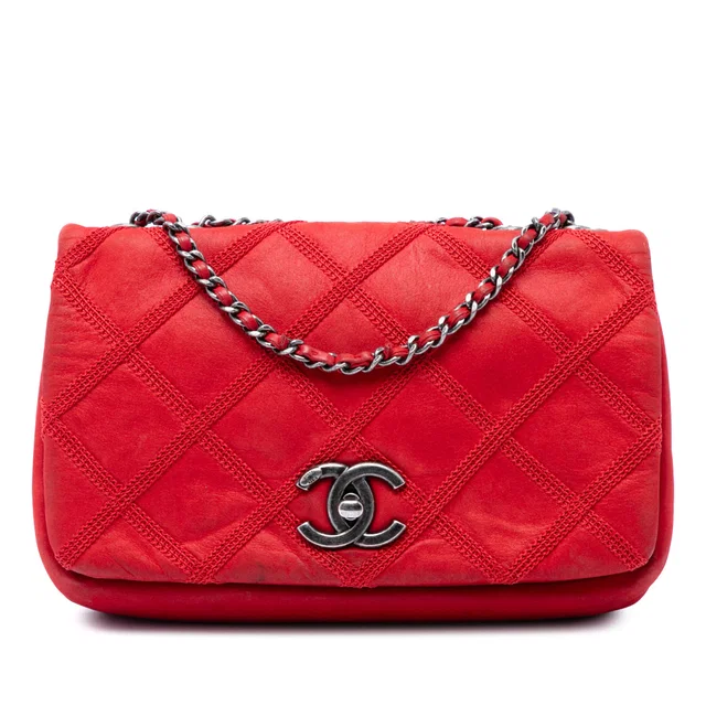Red Chanel Iridescent Calfskin Diamond Stitch Flap Crossbody Bag in Red Calfskin from Designer Revival