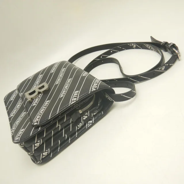 Balenciaga B. Allover Logo Leather Shoulder Bag in Black Leather from LuxUness, photo 3 of 8