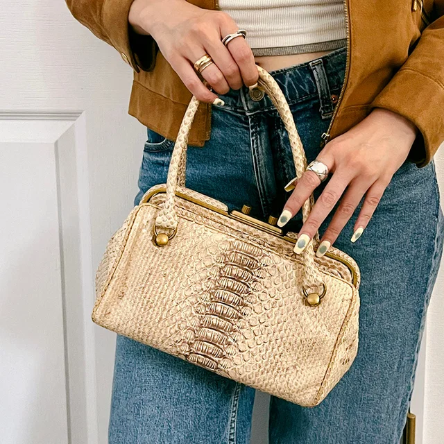 Bottega Veneta Python Gamaguchi Handbag Beige in Beige Python from VINTAGE QOO TOKYO