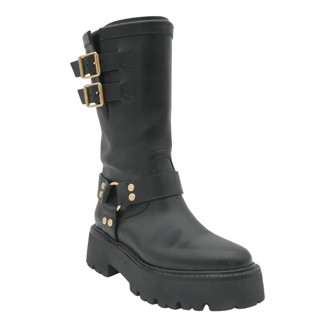 Celine Black Leather Harness Buckle Lug Sole Mid-Calf Boots in Black Leather from Clotheshorse Anonymous