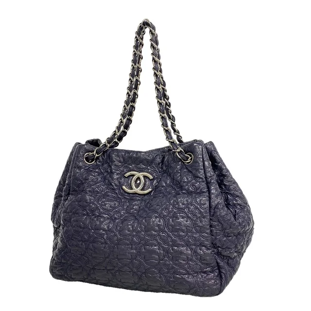 Chanel Shoulder Bag Leather Navy Silver in Navy Leather from The Reluxe