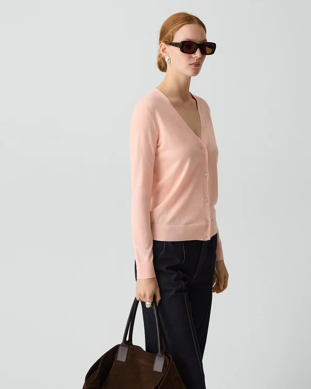 Theory V-Neck Cardigan in Regal Wool in WARM PINK, photo 9 of 12 from Theory