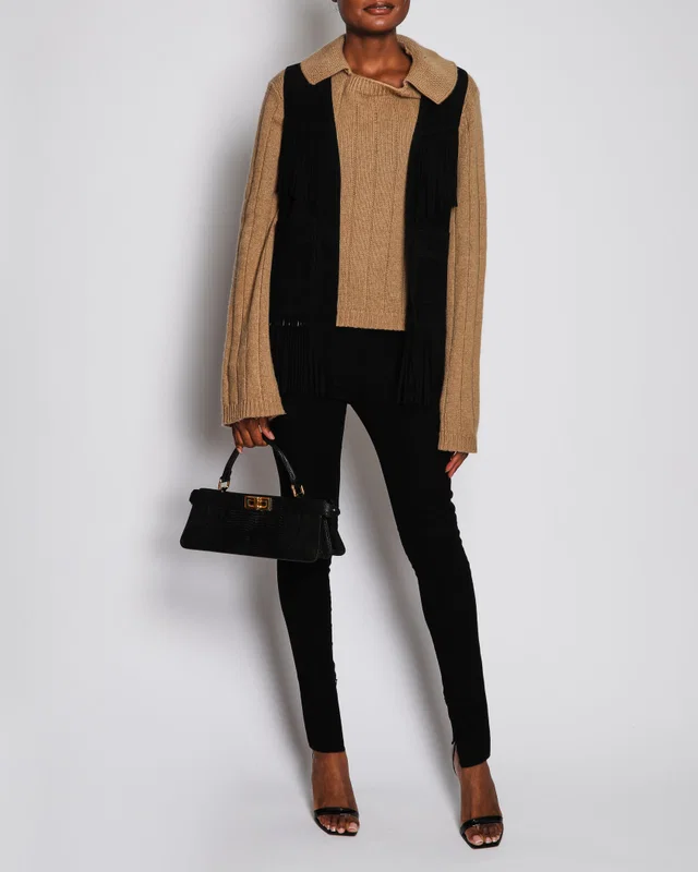 Saint Laurent Black Suede Sleeveless Vest with Fridge Tassel Detail Size FR 38 (UK 10) in Black Suede from Sellier