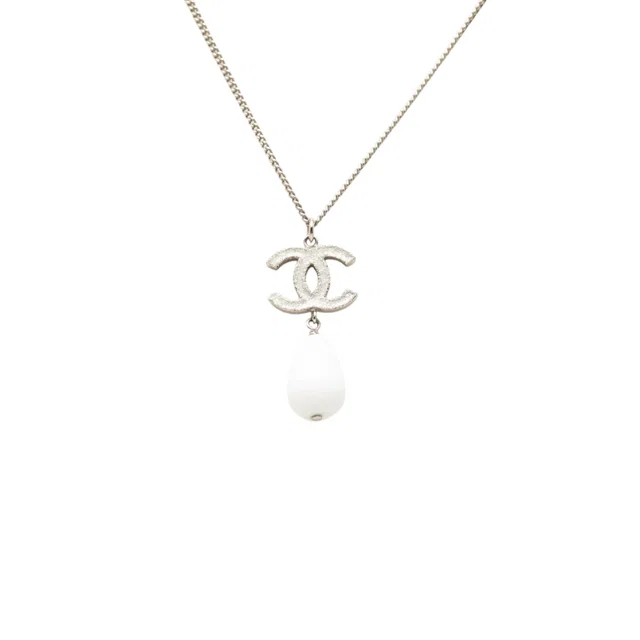 Silver Chanel CC Brass Faux Pearl Pendant Necklace in Silver from Designer Revival