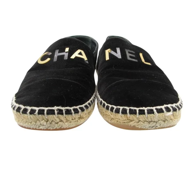 Chanel Slip-on Espadrilles Velour Logo Plate Flat Shoes Jute Black in Black from The Reluxe