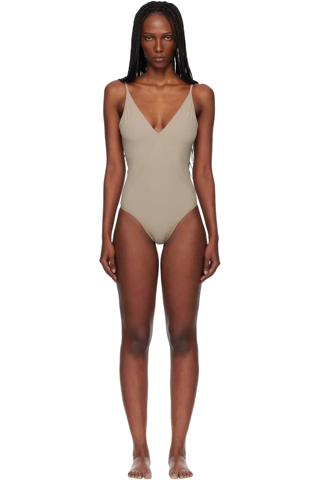 Taupe Temple Deep V Bather Swimsuit, image 1 of 1 from SSENSE