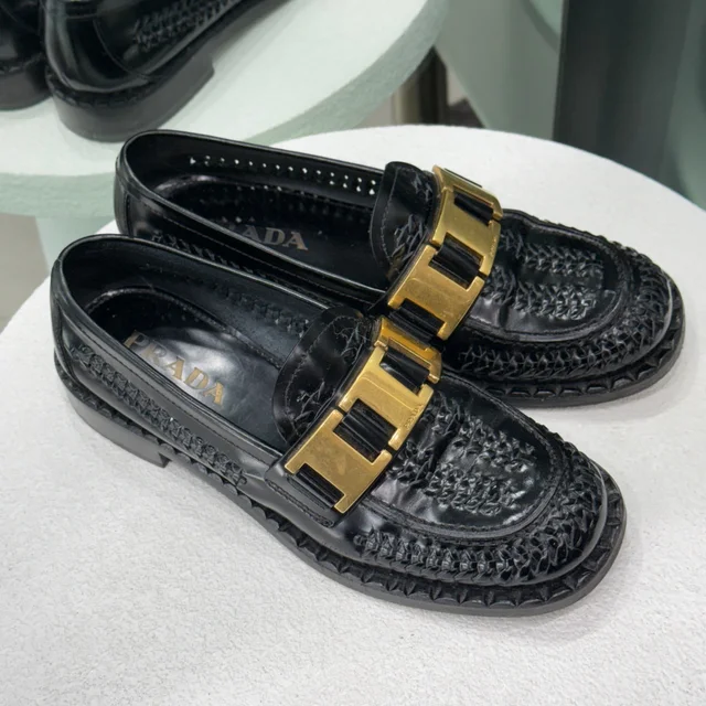 Prada Loafers Gold Detail Sz 37 in Black from Revivre Luxury Consignment