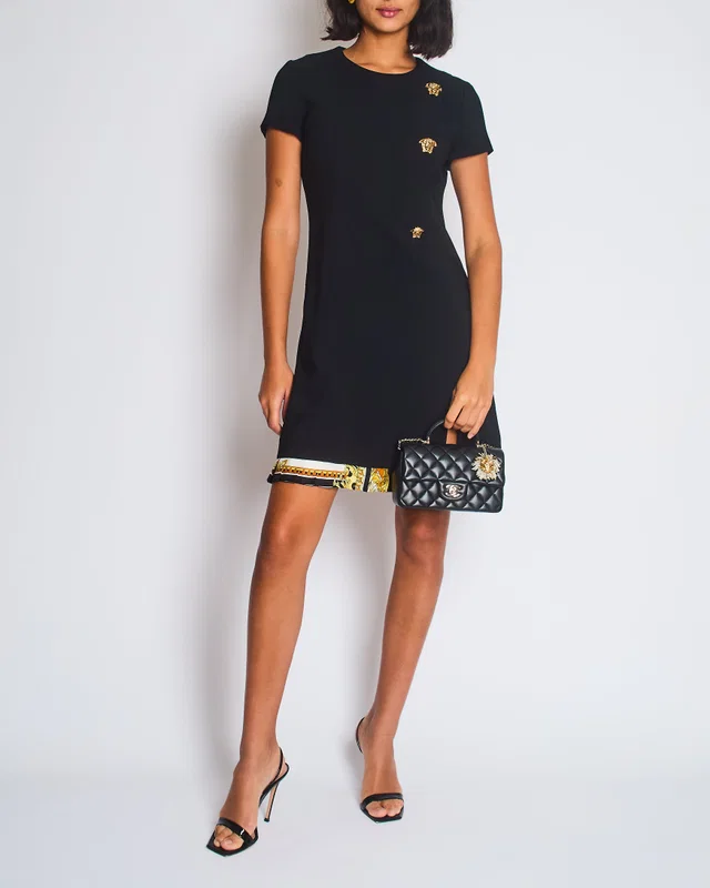 Versace Black Mini Short Sleeve Dress With Slit And Gold Medusa Details Size IT 40 (UK 8) in Black Silk from Sellier