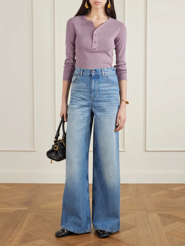 CHLOÉ Ribbed organic cotton-jersey Henley top in Pink, photo 2 of 2 from NET-A-PORTER (Canada)